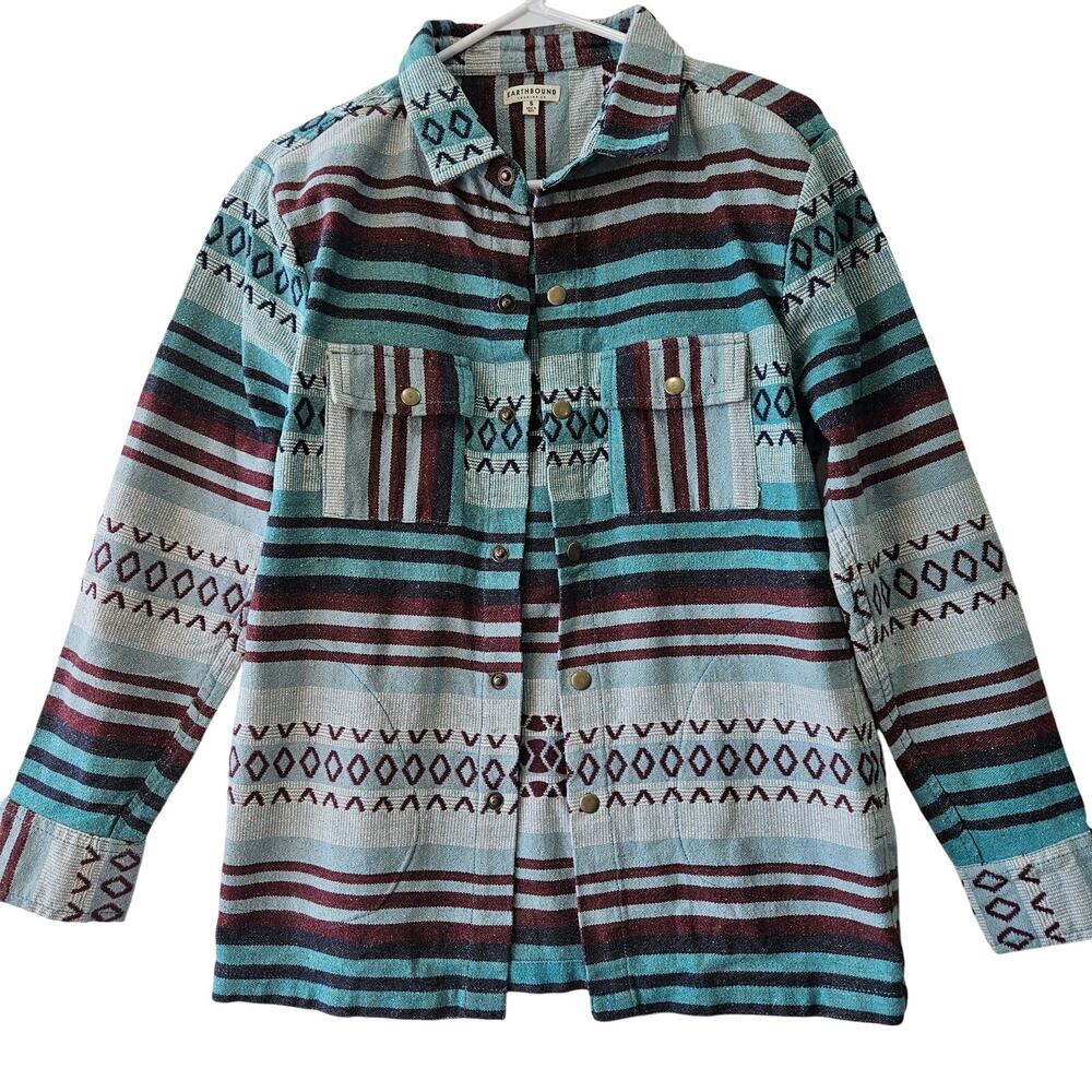 Earthbound Blue 100% Cotton Snap Up Shirt Jacket Small NWOT Western Boho Aztec